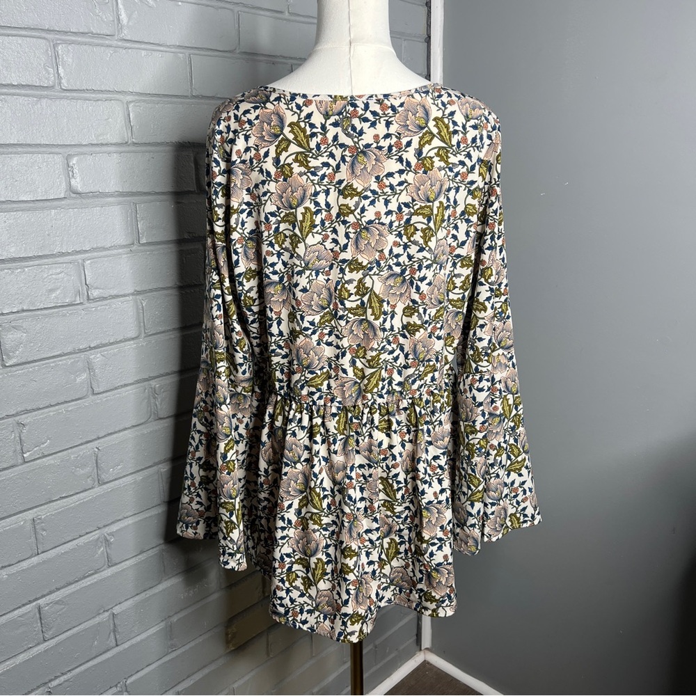 Floral Print Long-Sleeve Peasant Top - Cream/Olive - Picture 4 of 15